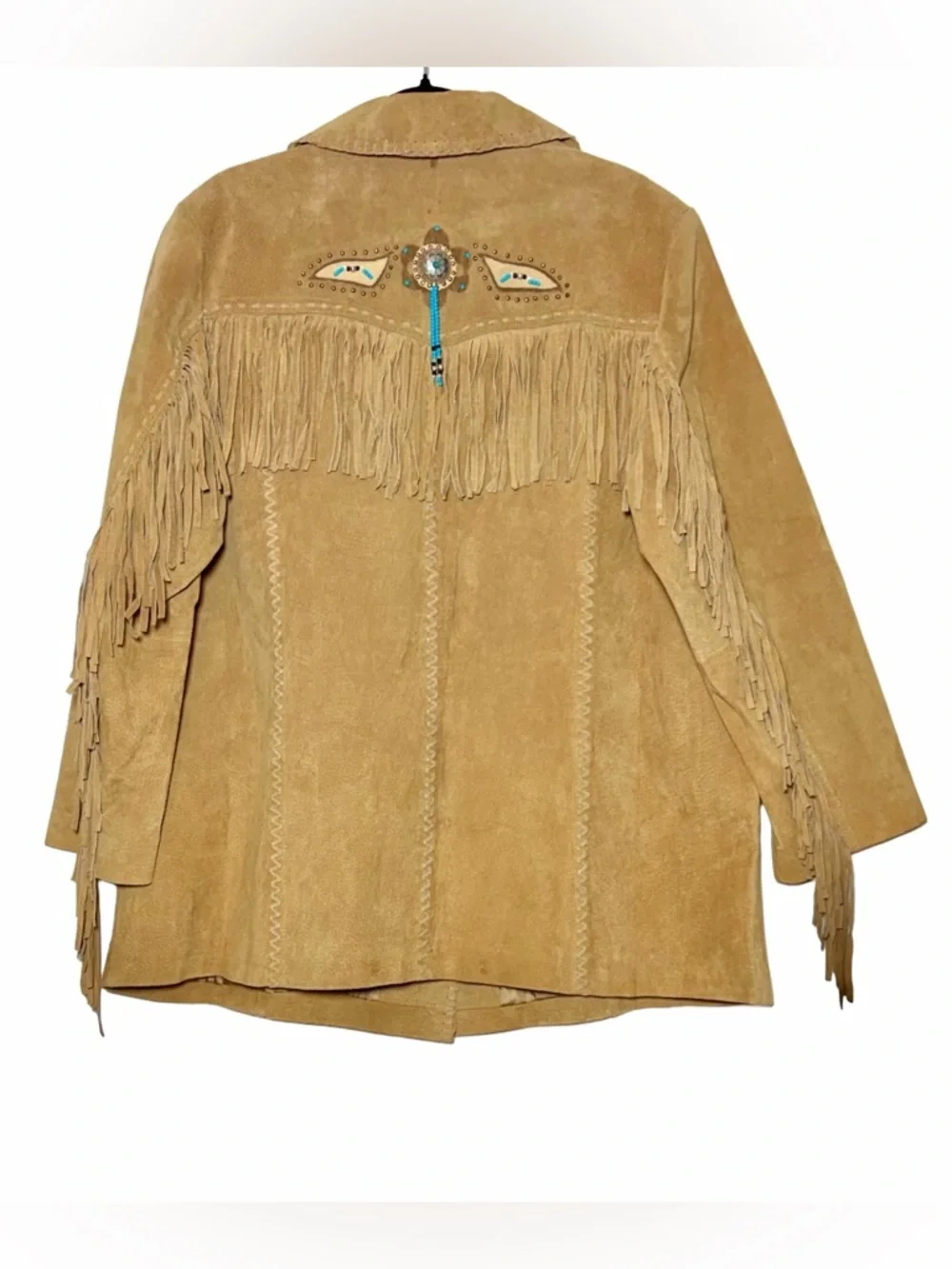 Via Accenti Fringe Suede Western Jacket in Tan with Turquoise & Beads, 22W - Picture 3 of 12